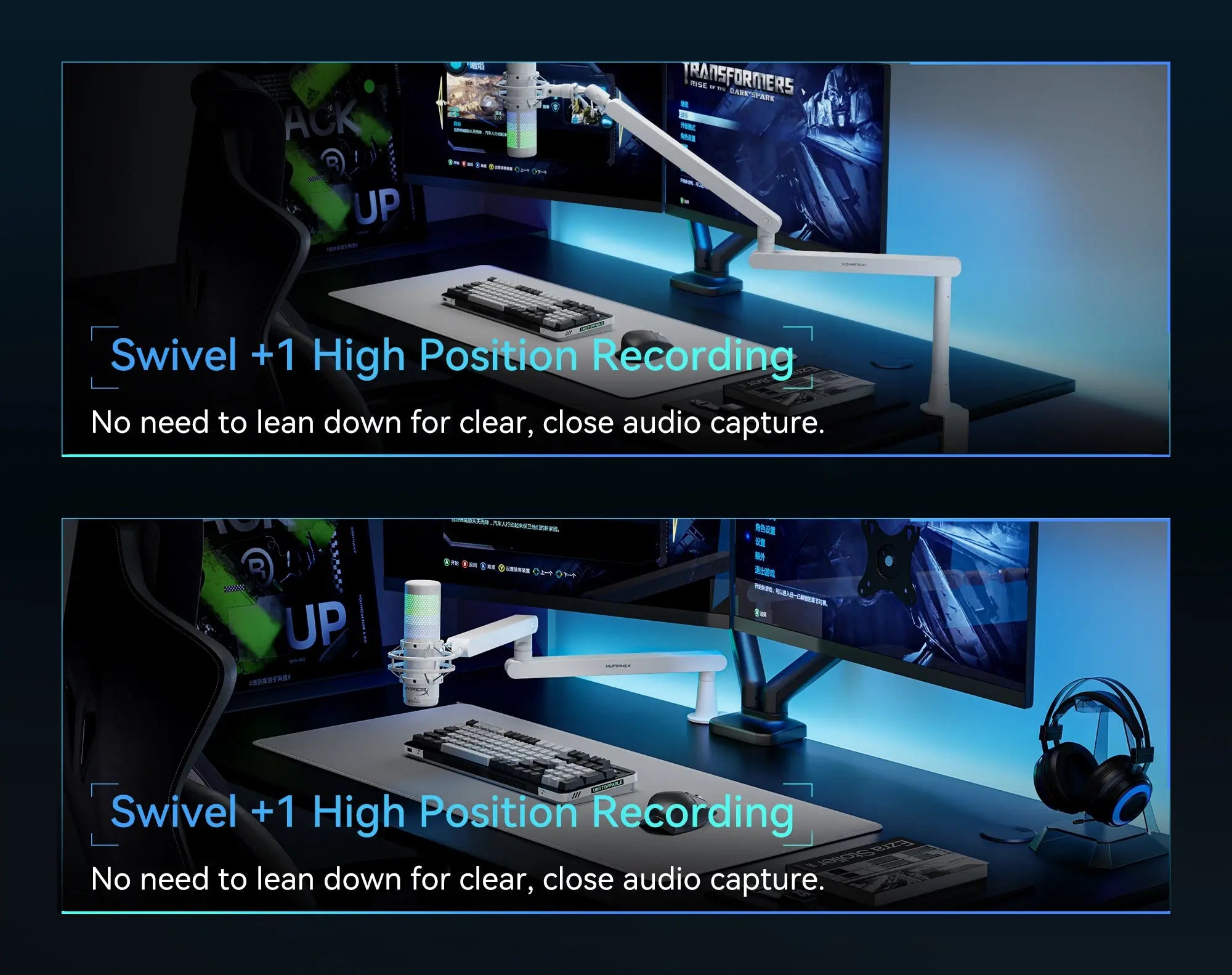 AX-3G Studio Boom Arm adjusted to maximum reach for ergonomic microphone placement