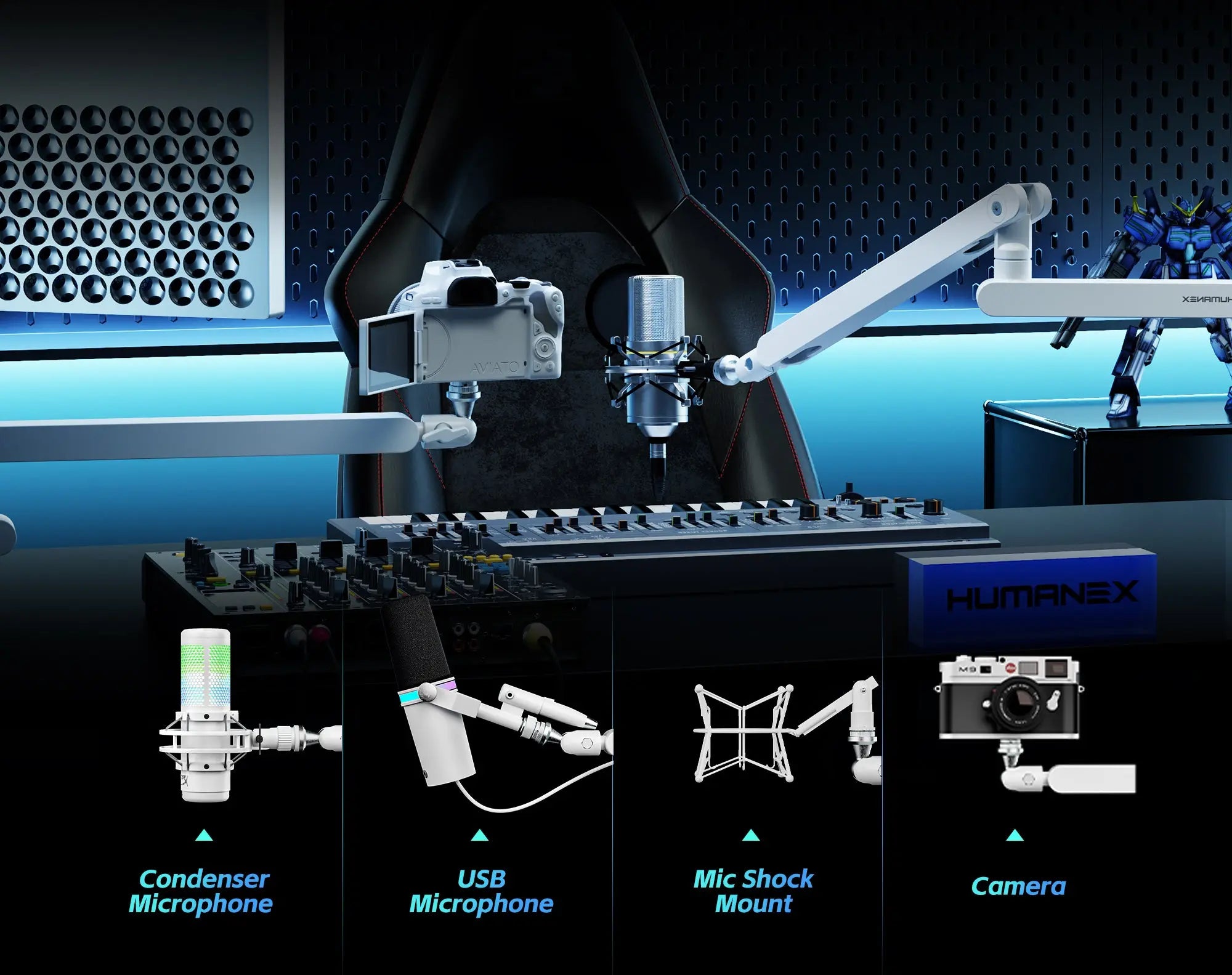AX-3G Low Profile Boom Arm in a clean gaming setup environment for streaming.