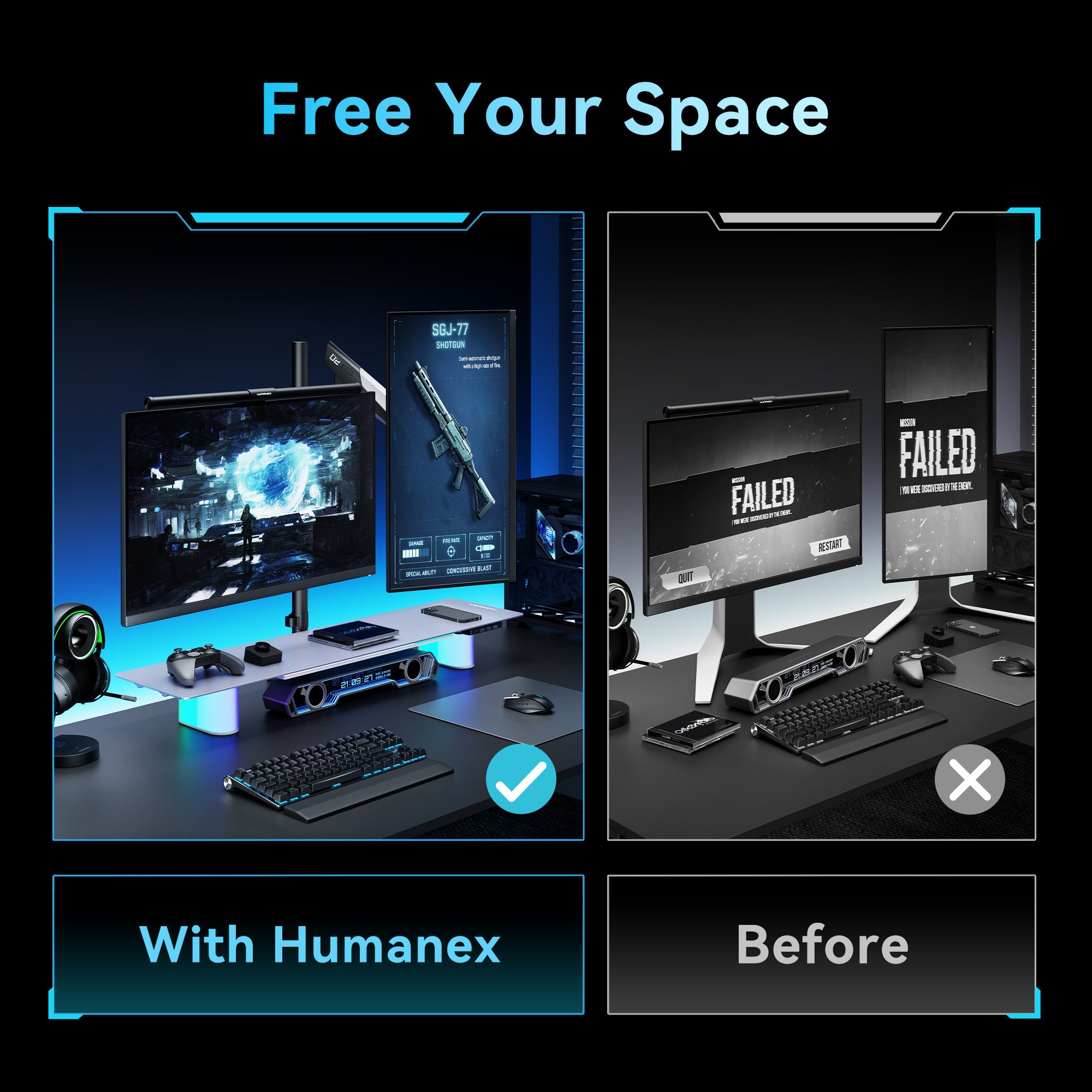 Humanex Combo of Monitor Riser and Dual Monitor Arm