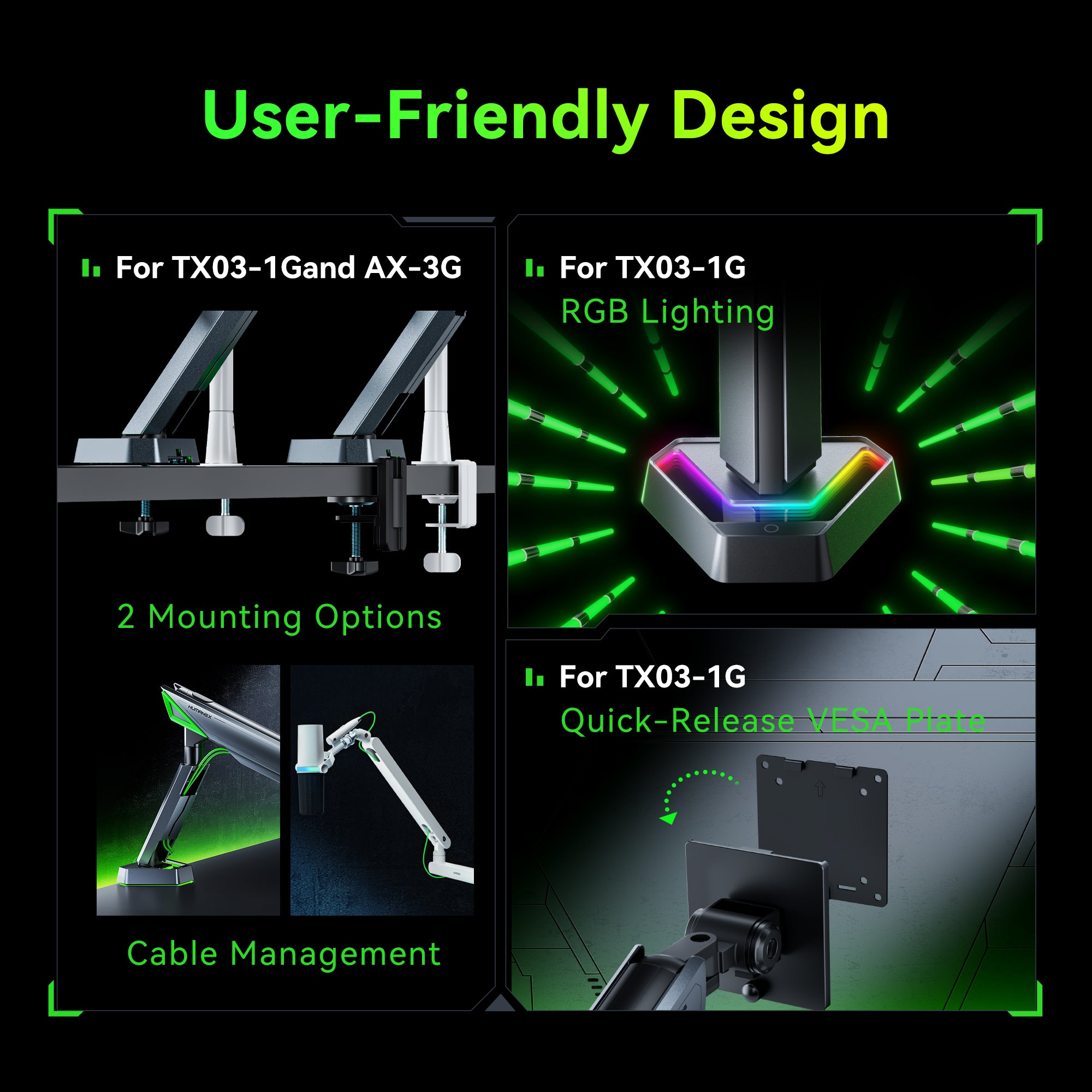 Humanex Heavy Duty Single RGB Monitor Arm with Mic Arm