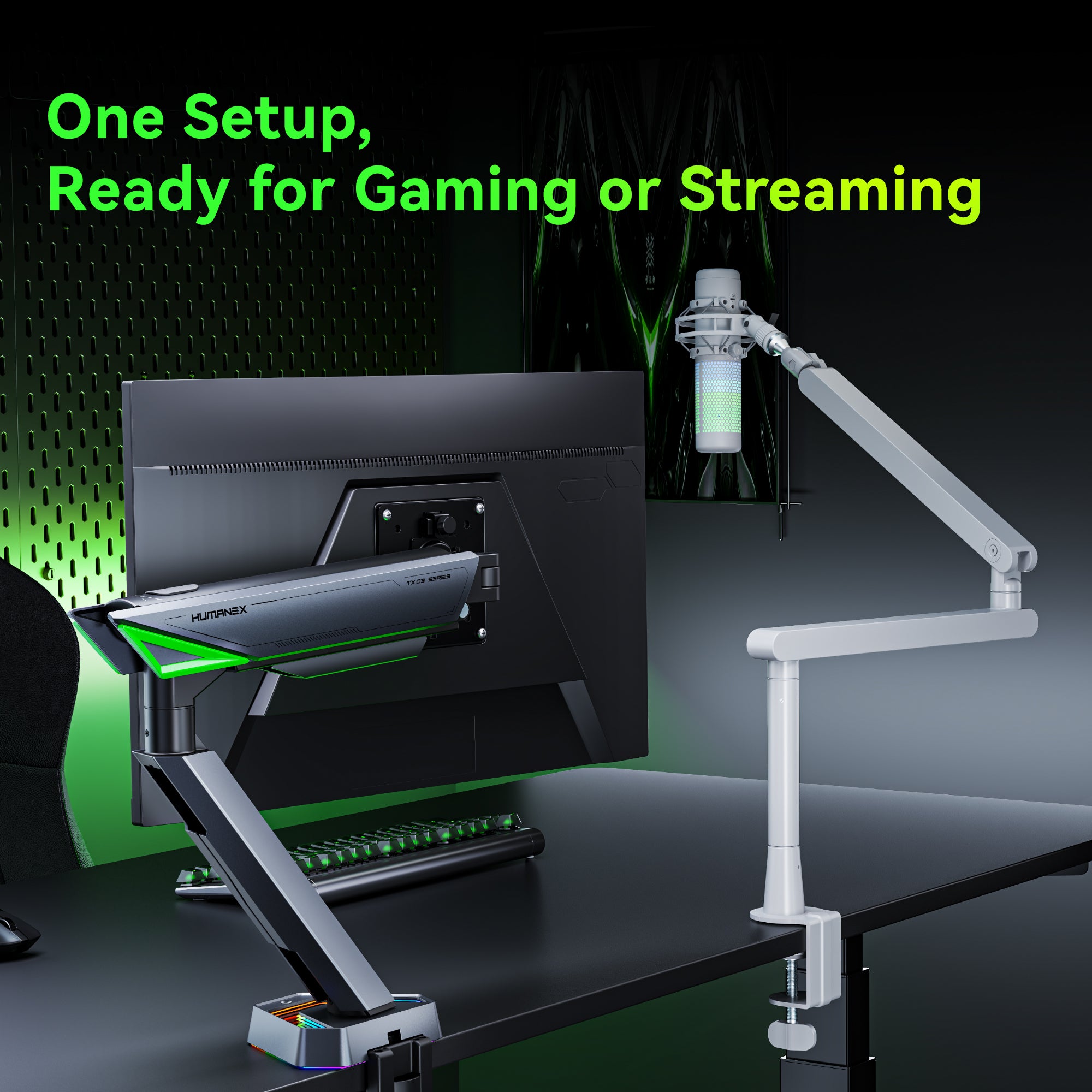 Humanex Heavy Duty Single RGB Monitor Arm with Mic Arm