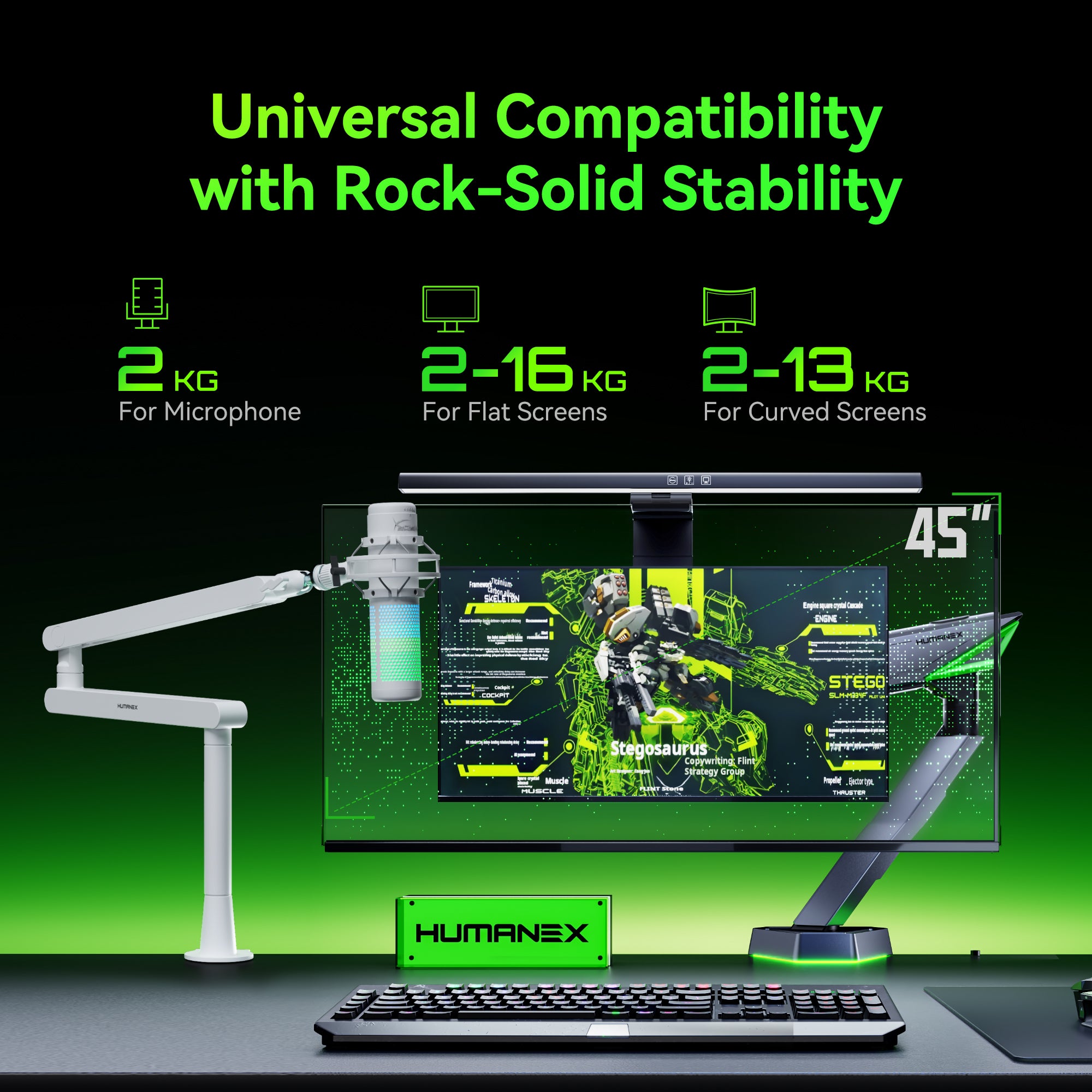 Humanex Heavy Duty Single RGB Monitor Arm with Mic Arm