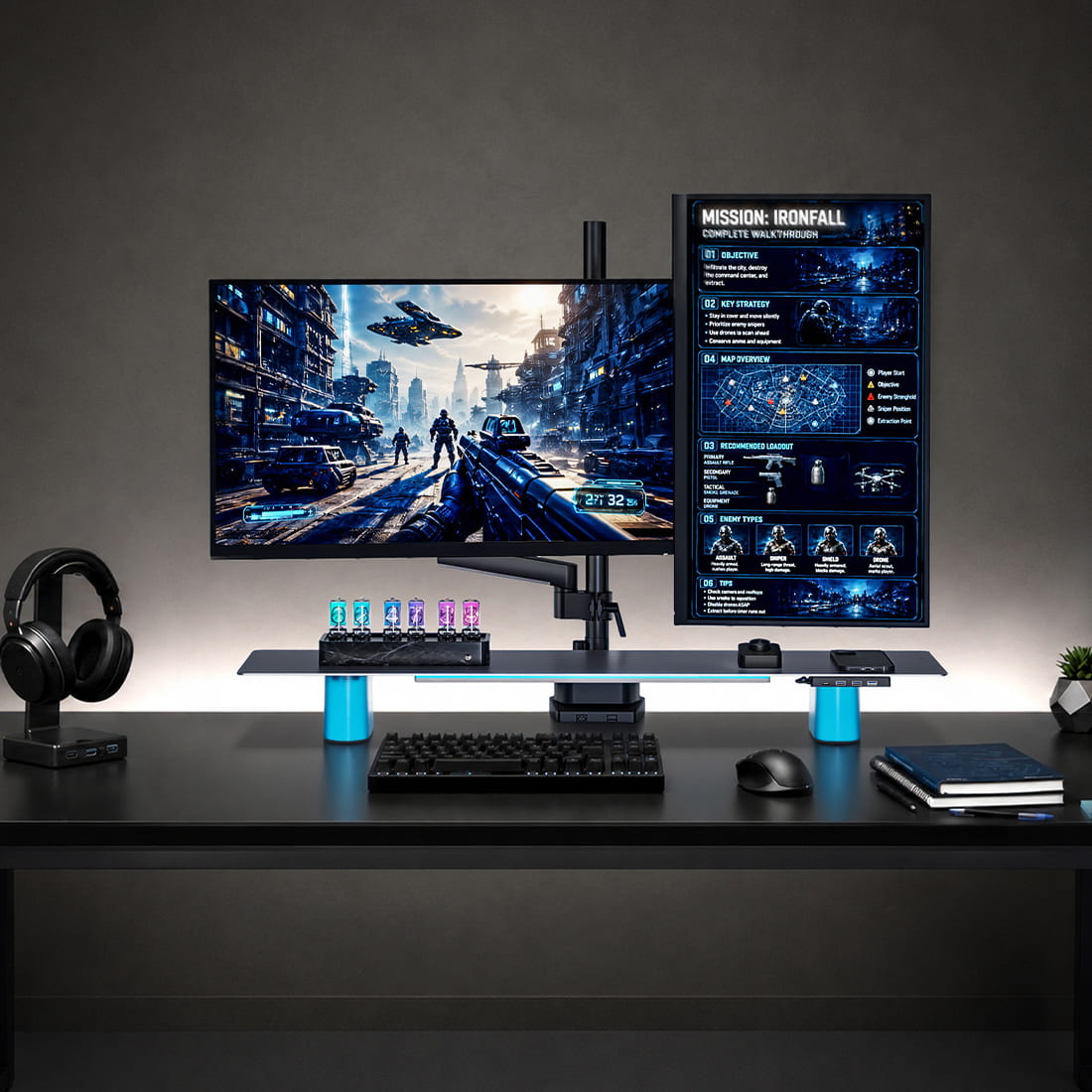 Humanex Productivity Desk Setup Bundle – Dual Monitor Arm + Riser